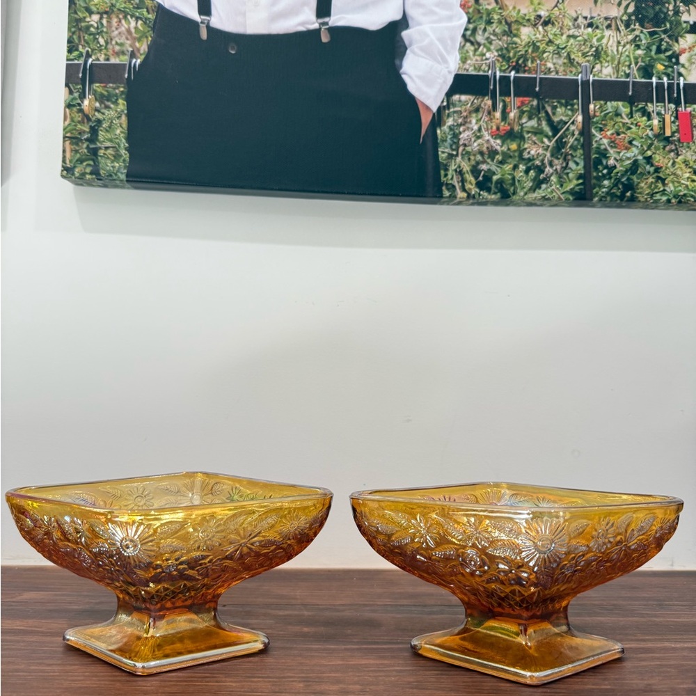 Set of 2 Vintage Marigold Amber Carnival Glass Diamond Shaped Candy Dish Footed
